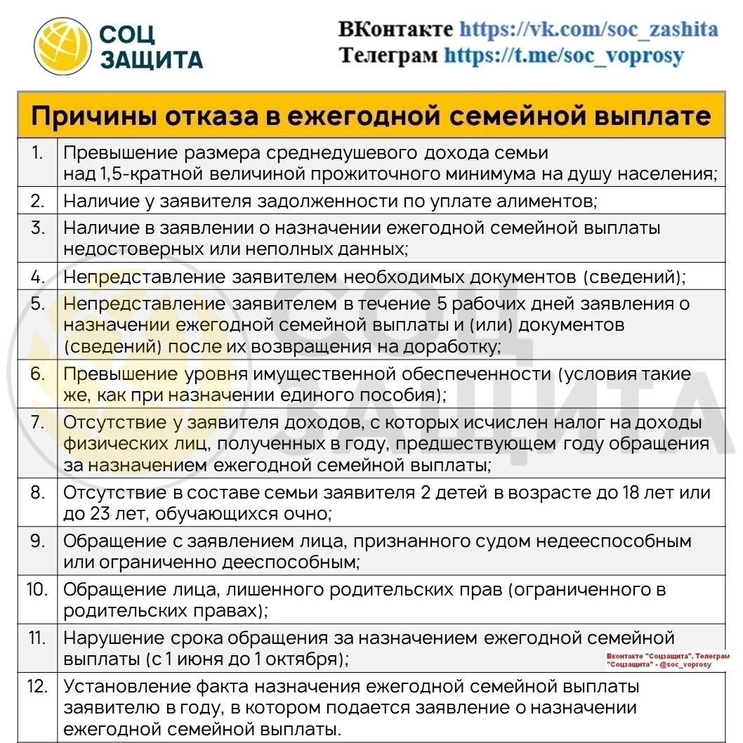 📌 12 причин отказа в ежегодной семейной выплате
