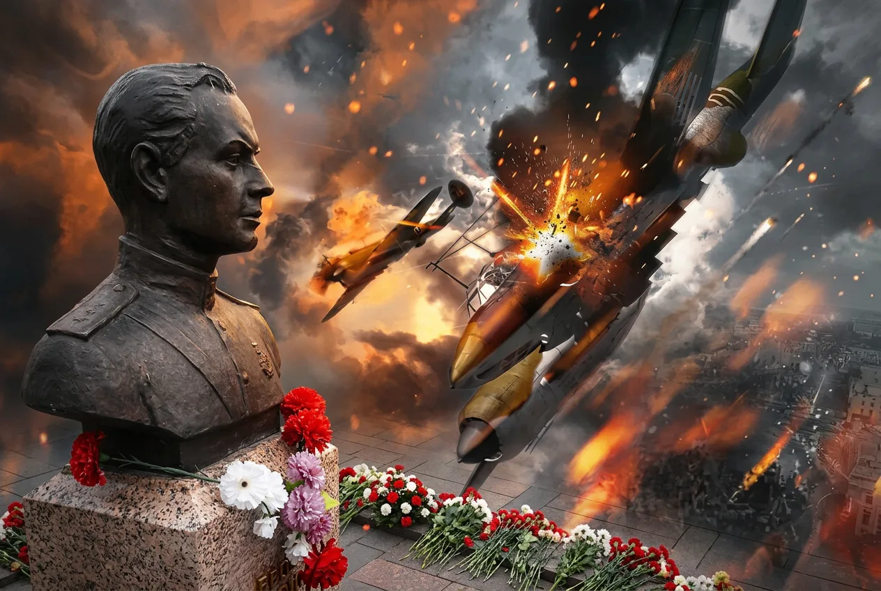 30 сентября 1943 года В. Гречишкин и штурман А. Перегудов направили свой горящий Пе-2 в...