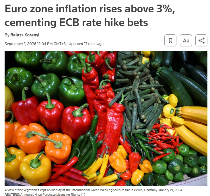 Инфляция в еврозоне превысила 3%, что подтверждает необходимость повышения процентной с...