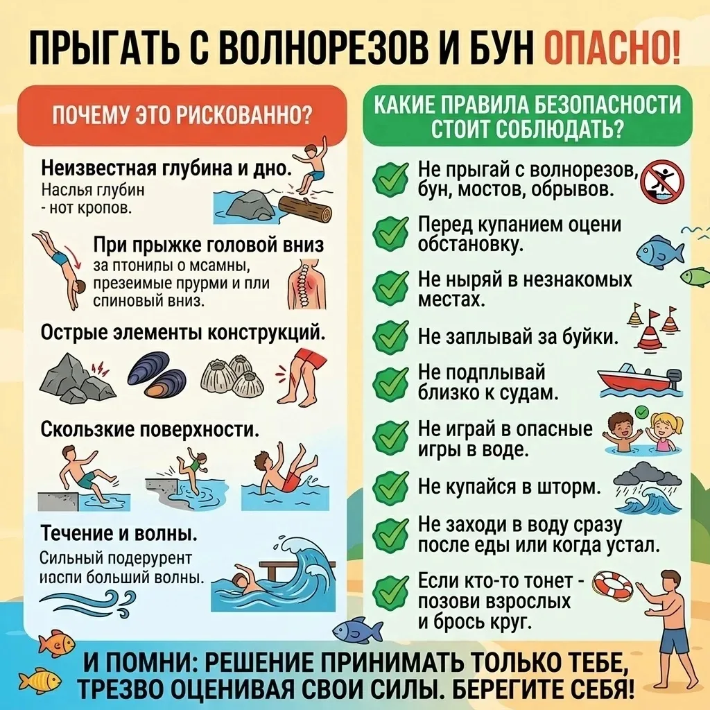 🚫Прыгать с волнорезов и бун опасно: из‑за неизвестной глубины и предметов на дне можно получить сер