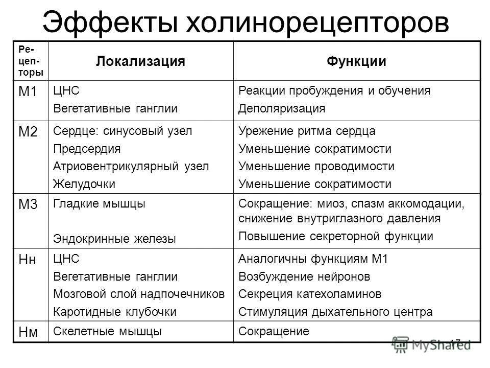 Эффекты холинорецепторов
