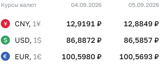 Официальные курсы валют на 5 сентября: ¥ — ₽12,8849, $ — ₽86,5857, € — ₽100,5693 @econo...