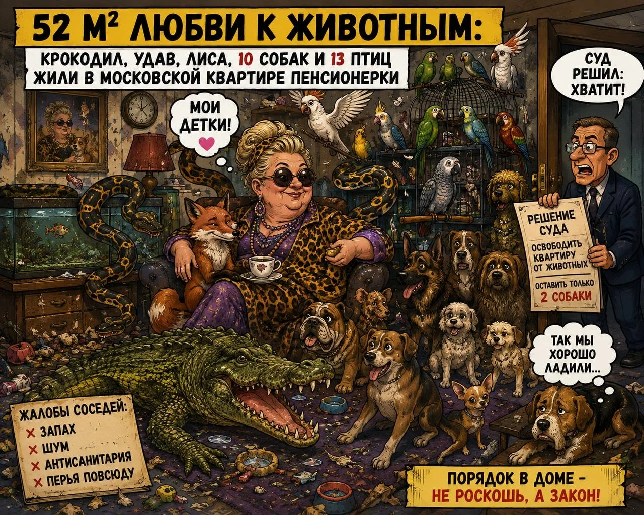 Крокодила, удава, лису, 10 собак и 13 птиц держала в своей 52-метровой квартире московская пенсионер