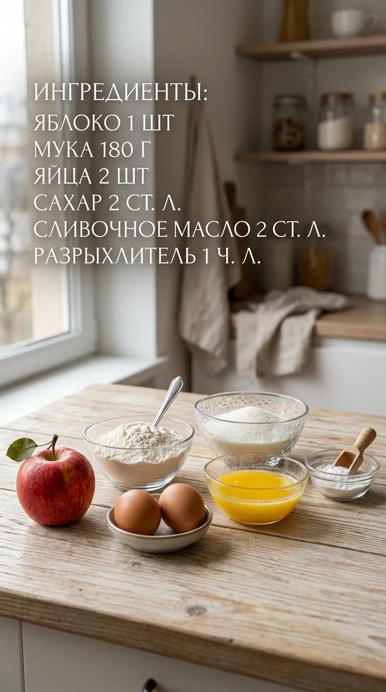 Кекс с яблоком

Ингредиенты:
• яблоко — 1 шт.
• мука — 180 г
• яйца — 2 шт.
• сахар — 2 ст. л.
• сли