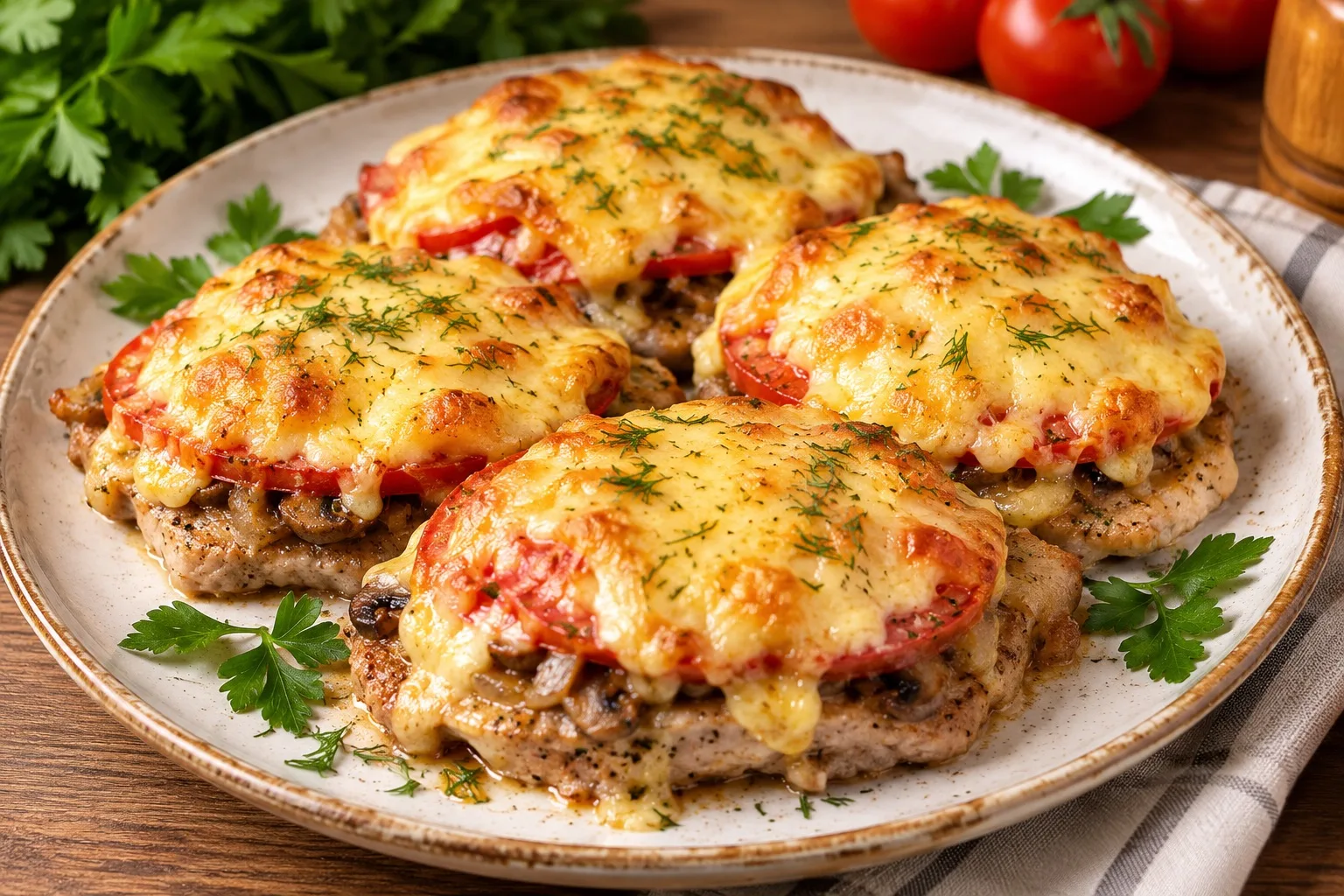 🥩 Мясо по-французски с грибами и помидорами