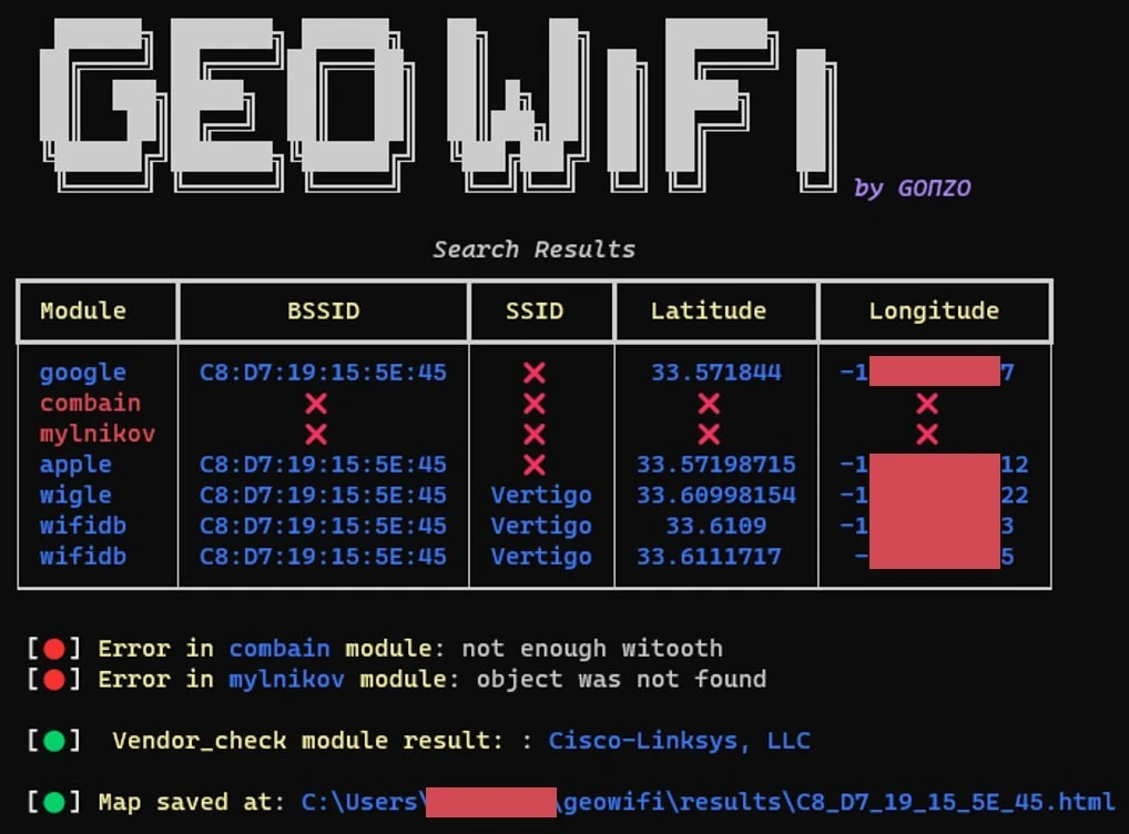 geowifi

geowifi — это инструмент OSINT, предназначенный для поиска и получения геолокационной инфор