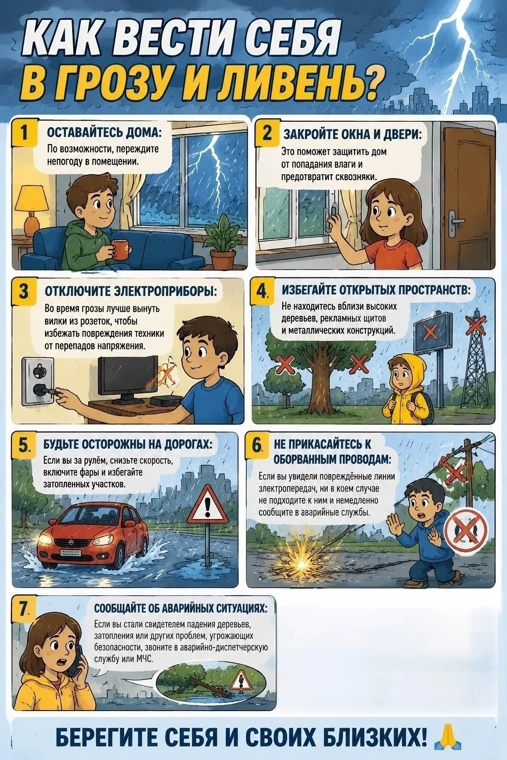📢 Важно! Ливень и гроза — не время для игр на улице.