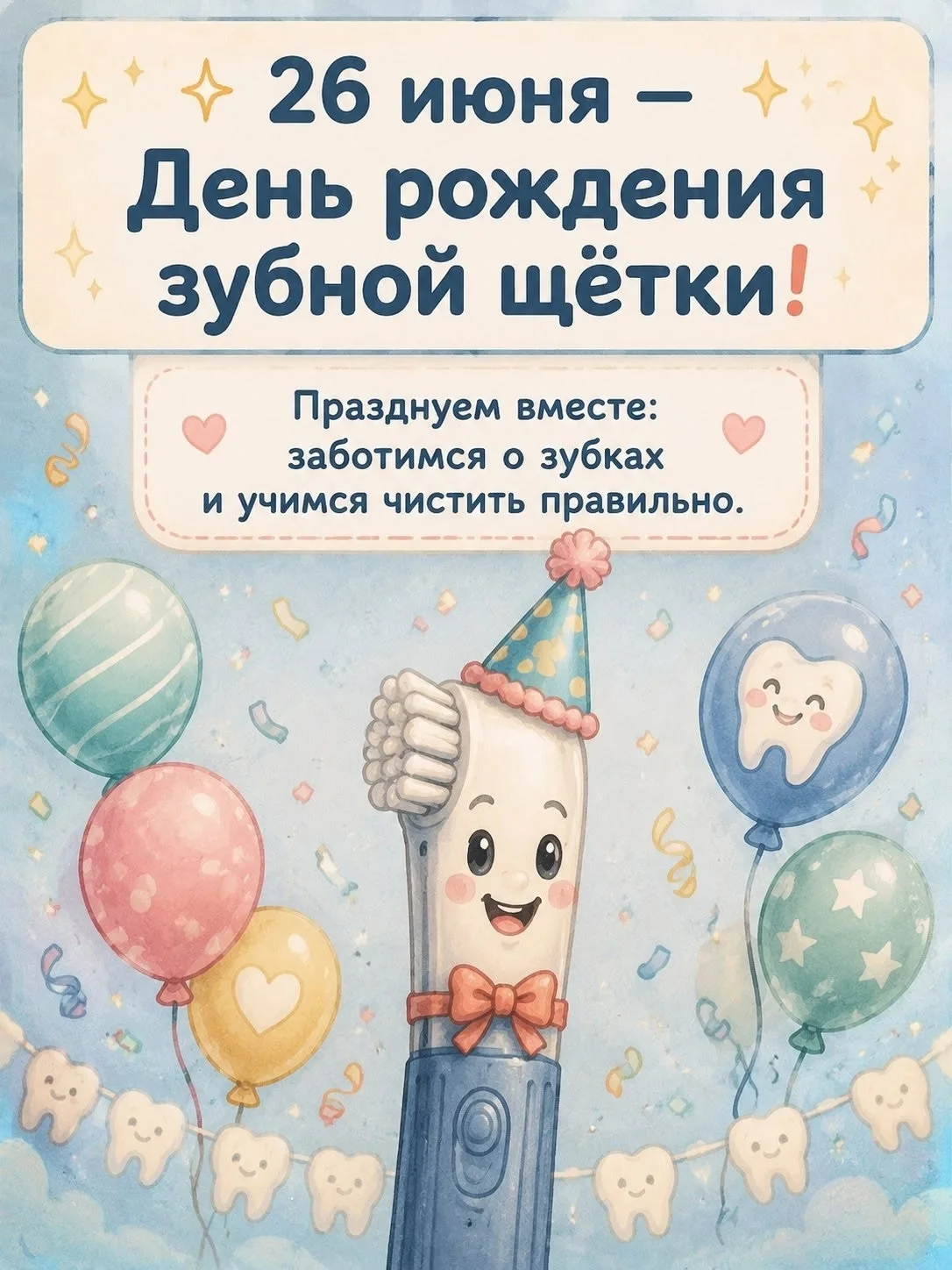26 июня — День рождения зубной щётки! 🪥🎉
Дети, давайте праздновать — учиться чистить зубки правиль