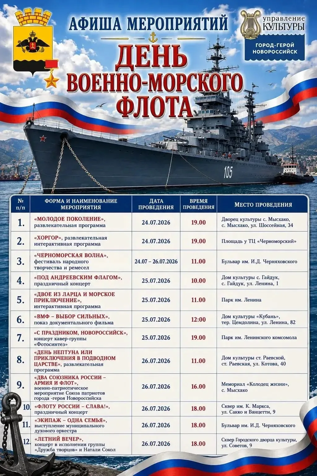 В это воскресенье, 26 июля, Новороссийск отметит День Военно-Морского Флота ⚓️

Мероприятия будут ид
