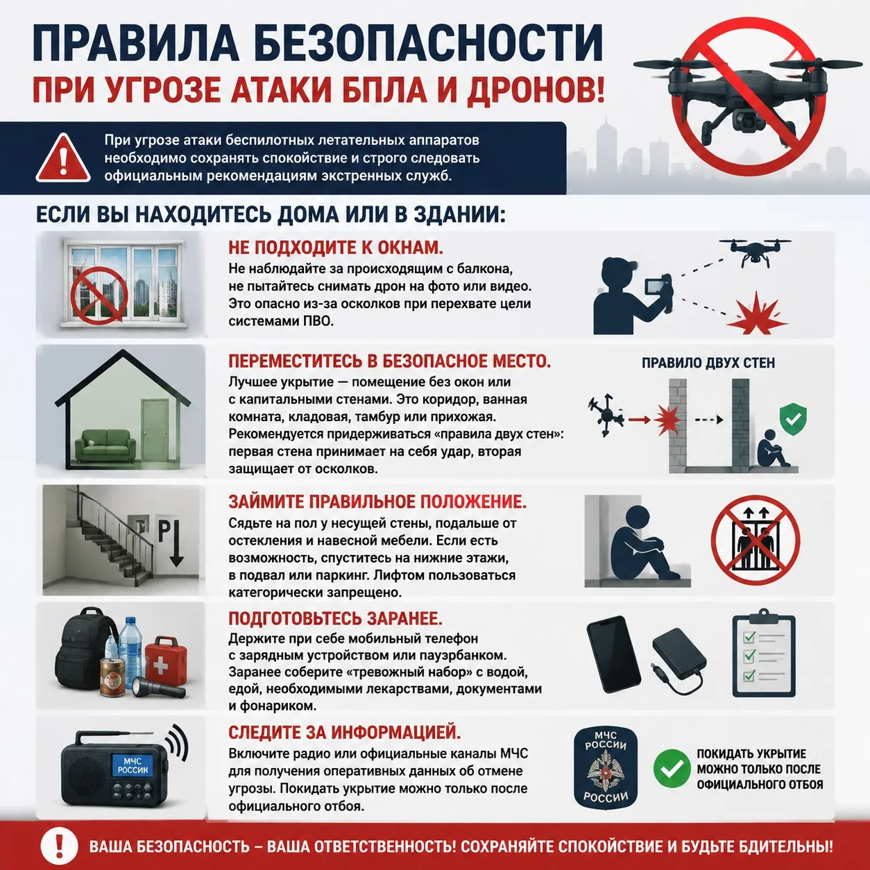 ‼️Правила безопасности при угрозе атаки беспилотных летательных аппаратов!