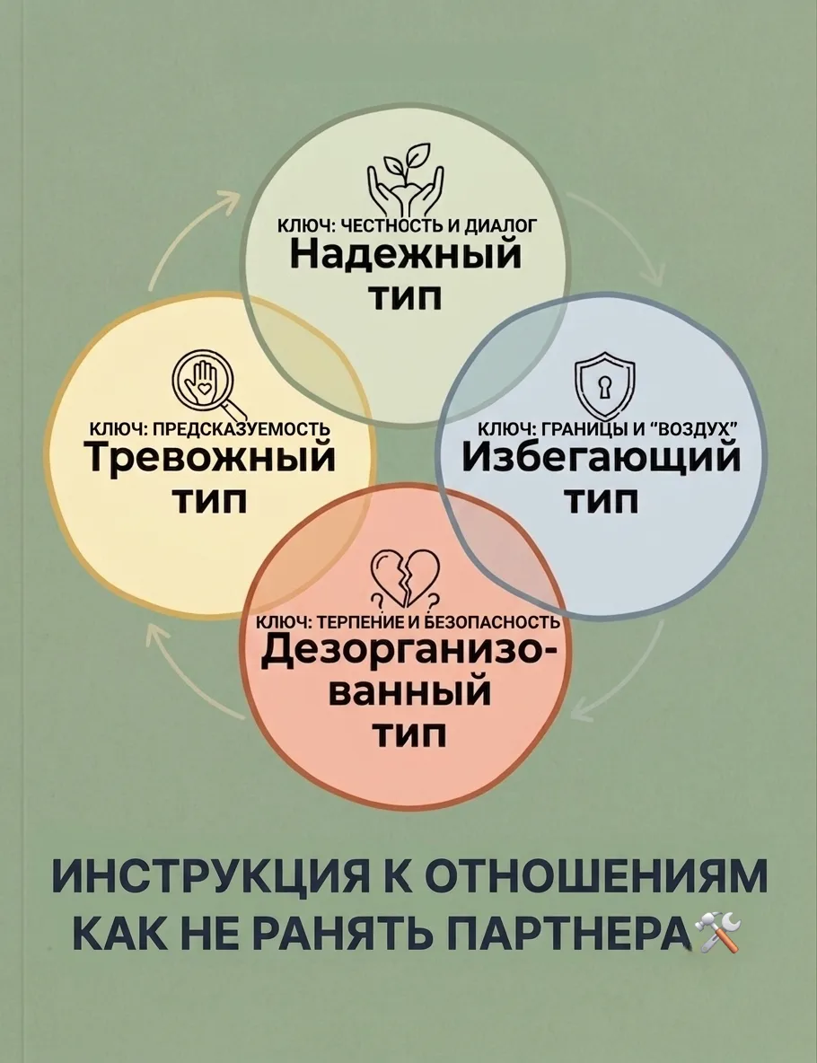 Инструкция к отношениям: как не ранить партнера с разным типом привязанности 🛠️
​В прошлом посте мы