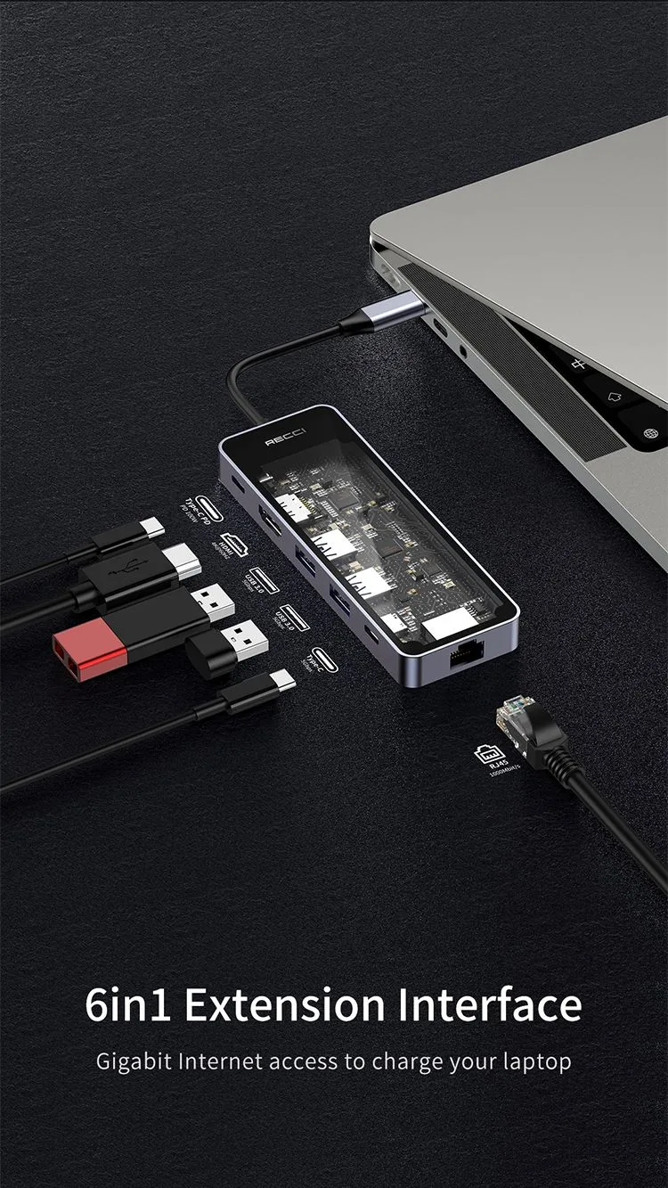 HUB адаптер Recci Transparent 6-in-1, Разветвитель Type-C to 2*USB3.0 + PD100W + HDMI 4...