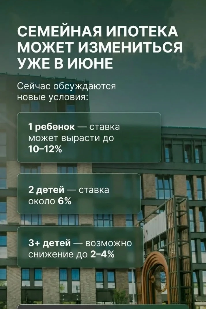 По Семейной ипотеке ожидаются изменения уже в июне, лучше выходить на сделку уже сейчас...