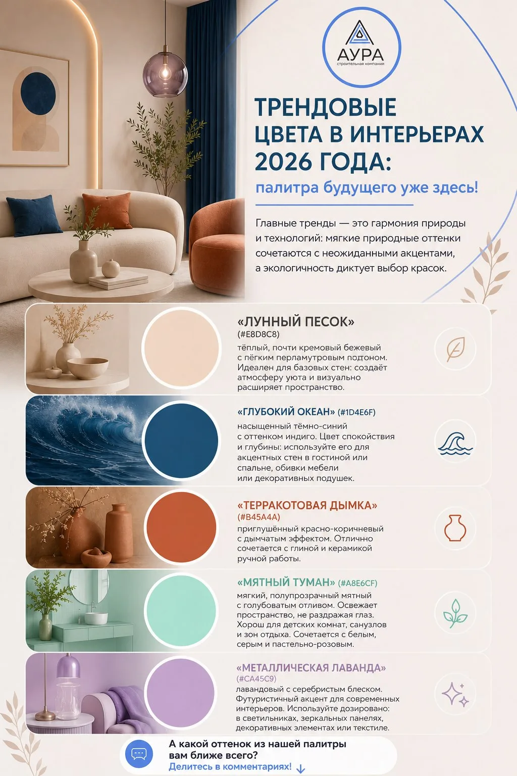 Трендовые цвета в интерьерах 2026 года: палитра будущего уже здесь!