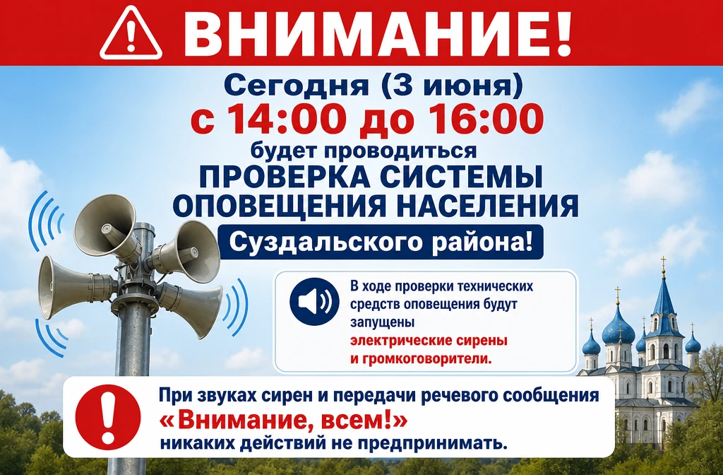 Сегодня  с 14:00 до 16:00   будет проводиться проверка системы оповещения населения Суз...