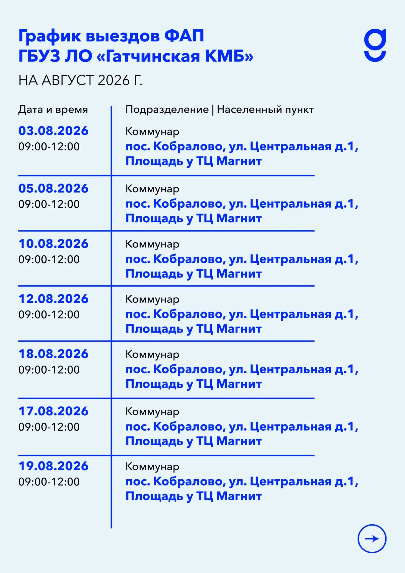Выезды ФАПов в августе

Фельдшерско-акушерские пункты Гатчинской КМБ совершат выезды в населённые пу