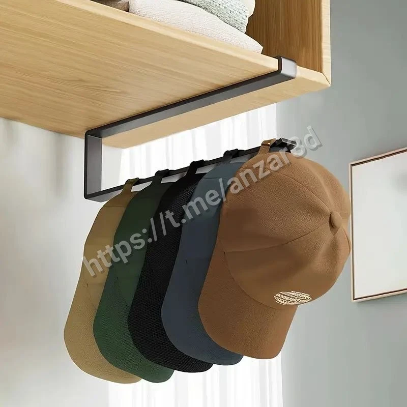 🧢 Держатель для кепок под полку

Планка крепится снизу к полке или шкафу, и кепки висят в ряд козыр