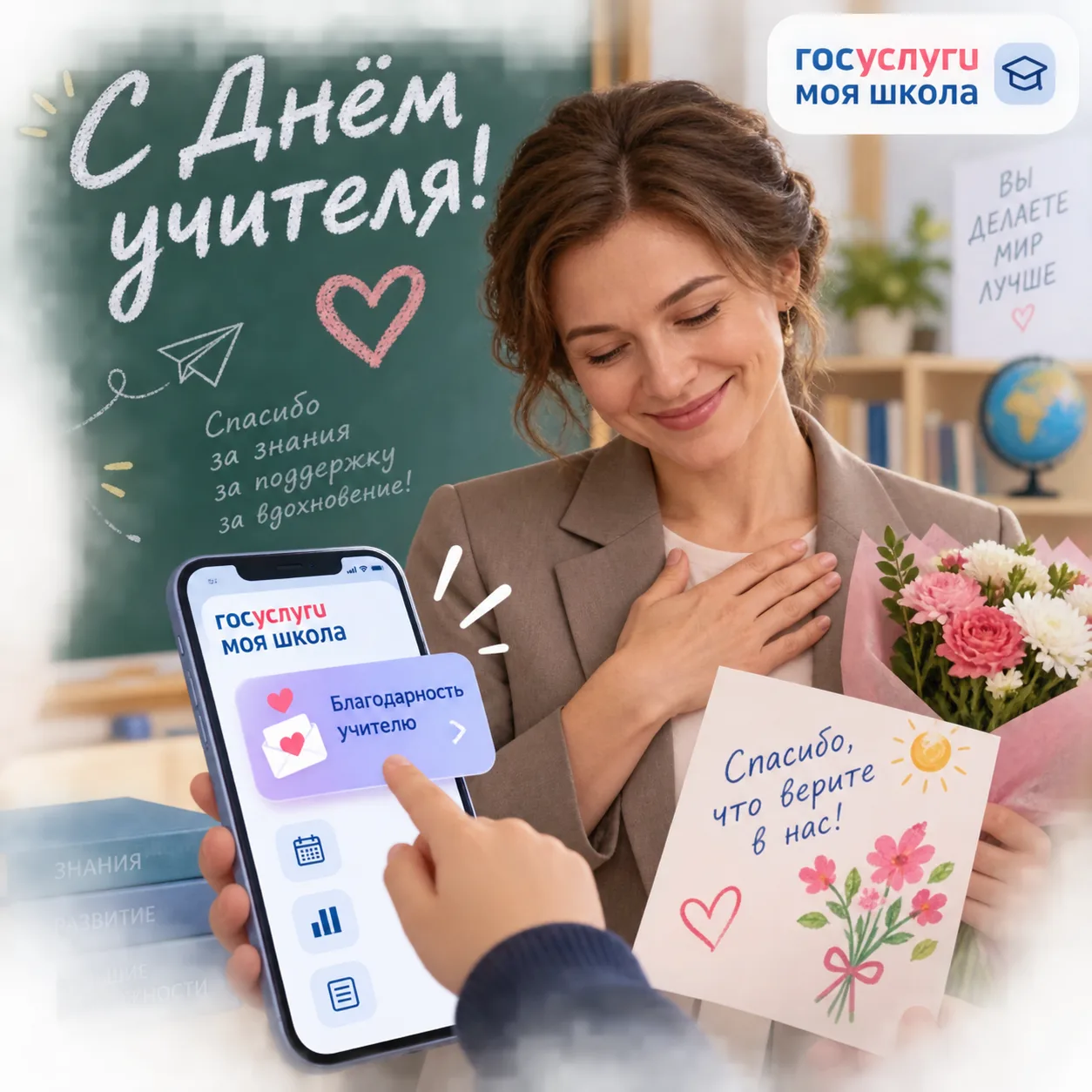 Поздравьте учителя с его Днём в приложении «Госуслуги Моя школа»!