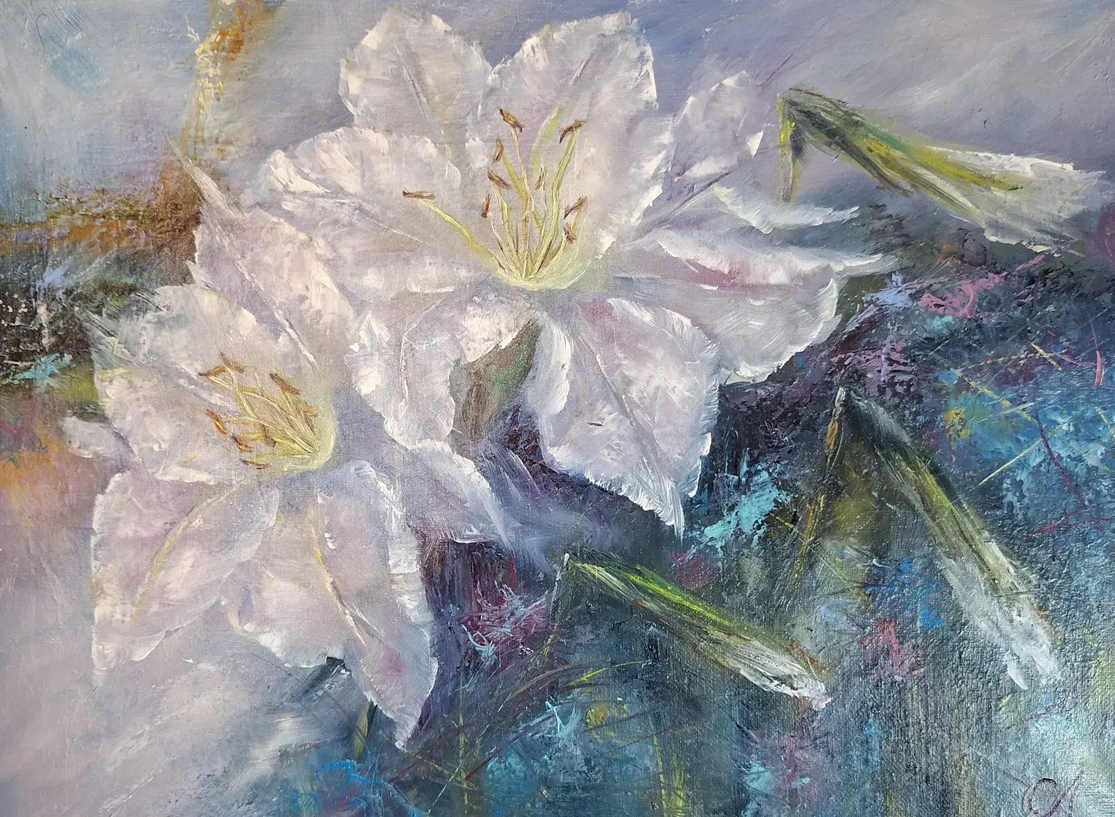 Белые лилии.Холст на подрамнике 30×40 ,масло.2000 руб.+доставка Санкт-Петербург.