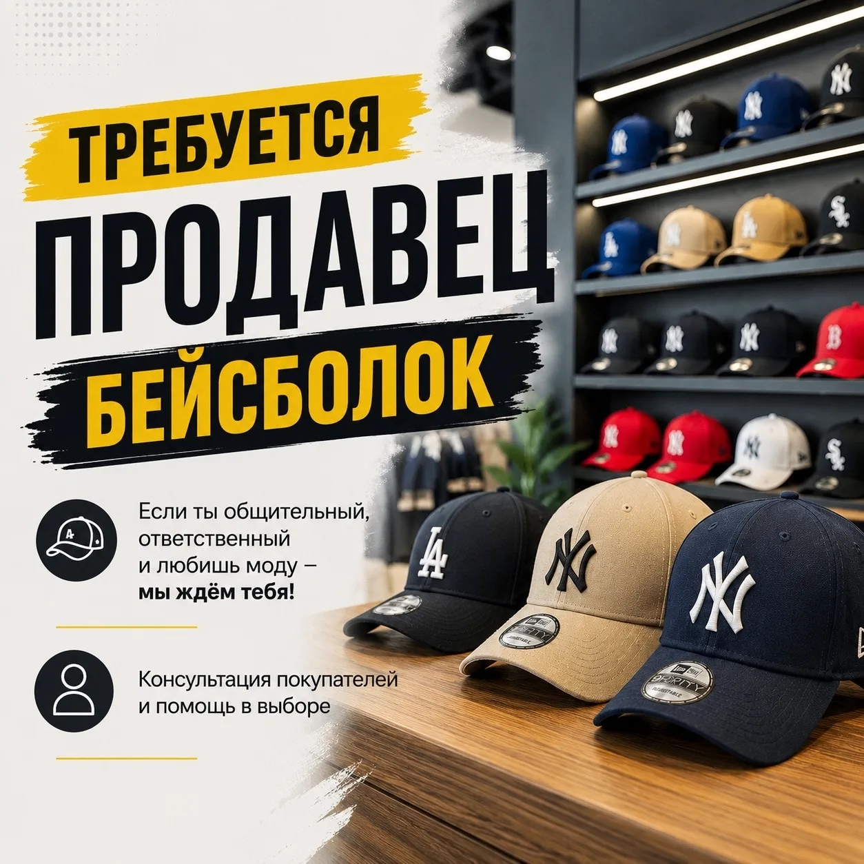 Требуется: Продавец головных уборов (от 30 лет, возможно пенсионного возраста).
