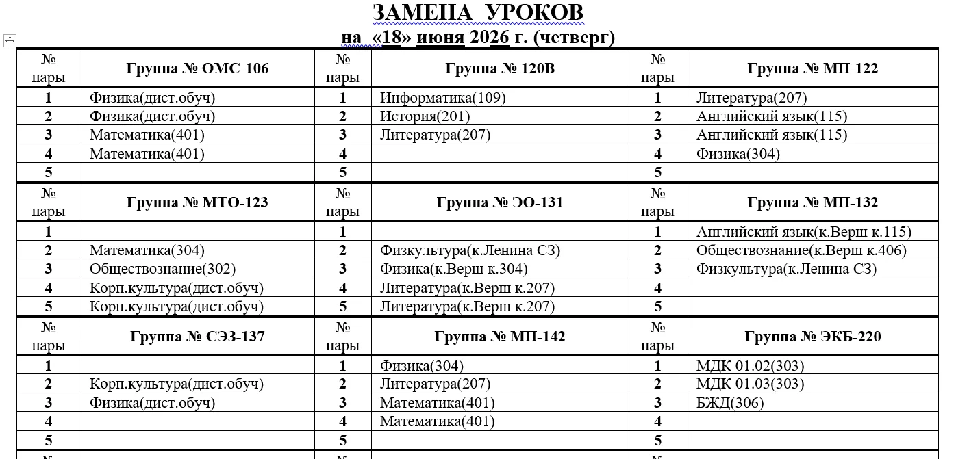 Изменения в расписании на 18.06