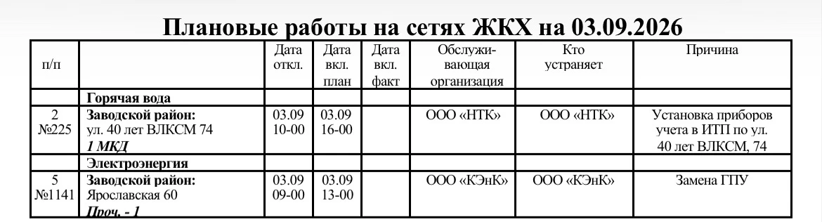 📣 Плановые работы на сетях по Заводскому району.