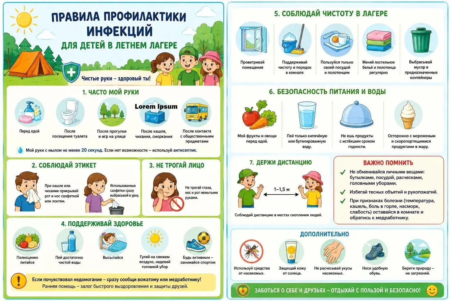 Правила профилактики инфекций для детей в летнем лагере.