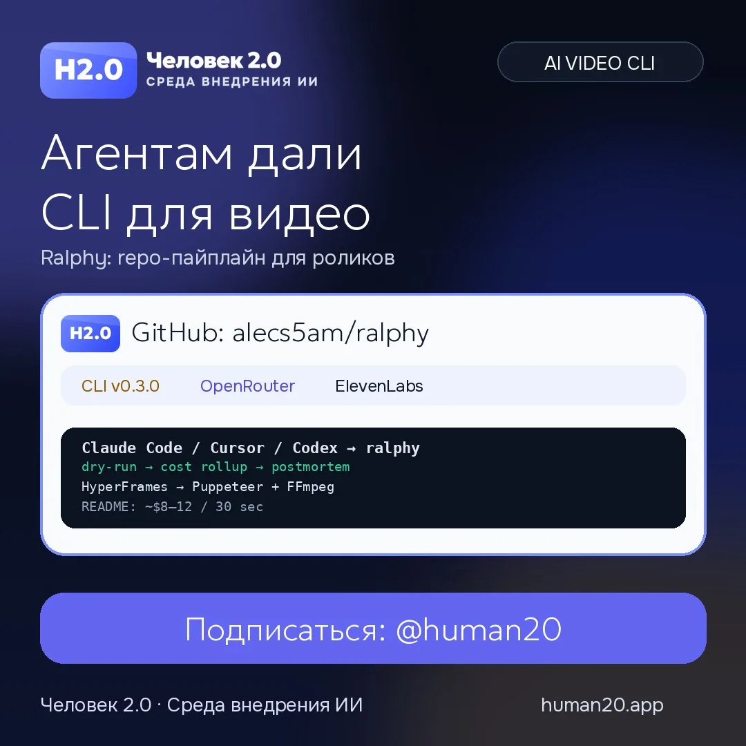 Ralphy превращает coding agent в видеопродакшн.

Автор называет alecs5am/ralphy open-source, agent-n
