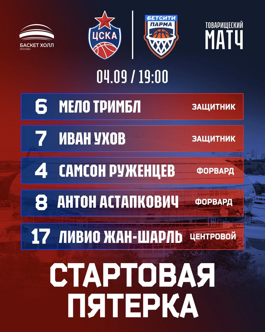 ✋ Стартовая пятёрка на матч против «БЕТСИТИ Пармы»