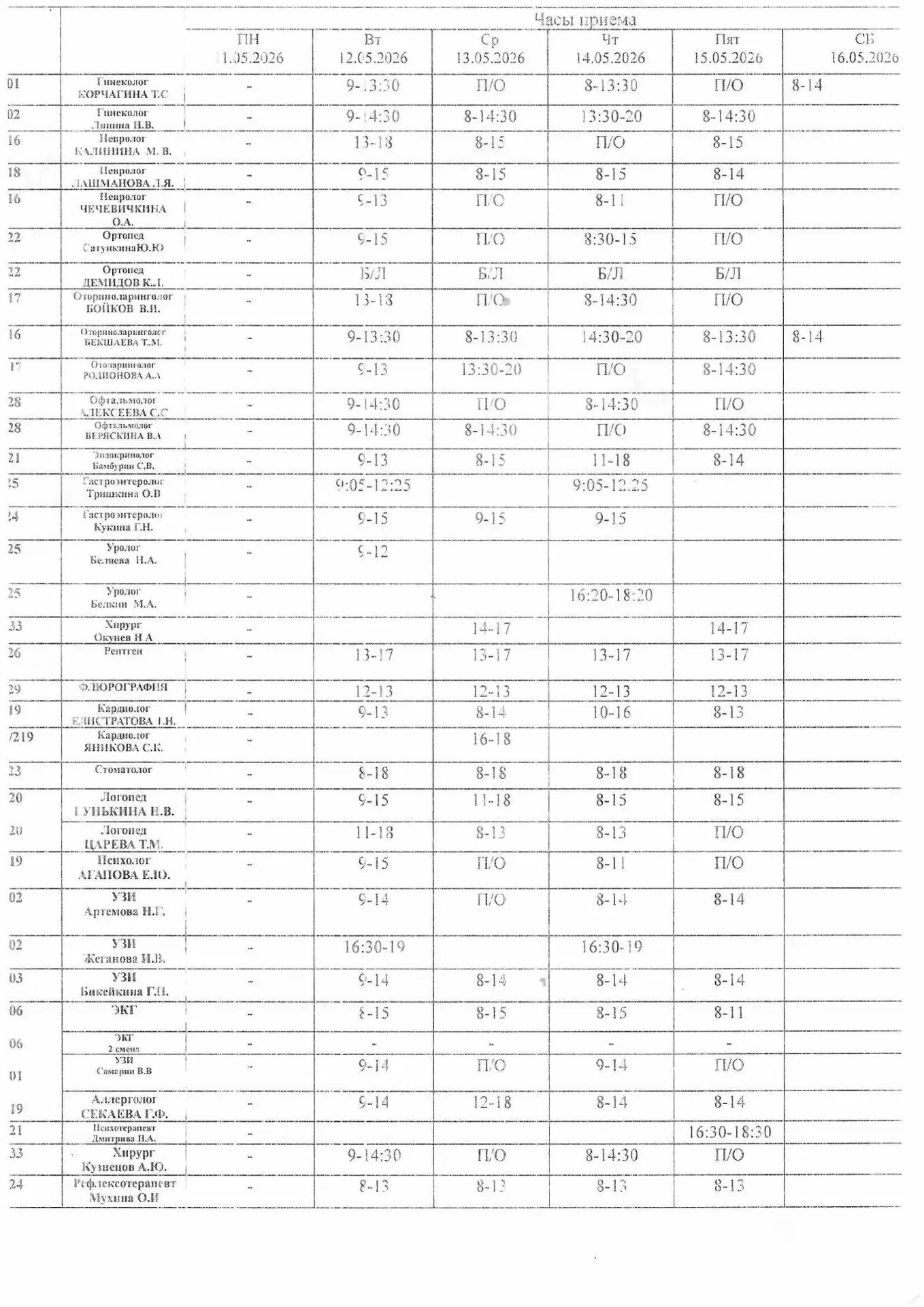 Расписание врачей специалистов с 12.05 по 16.05.26г
