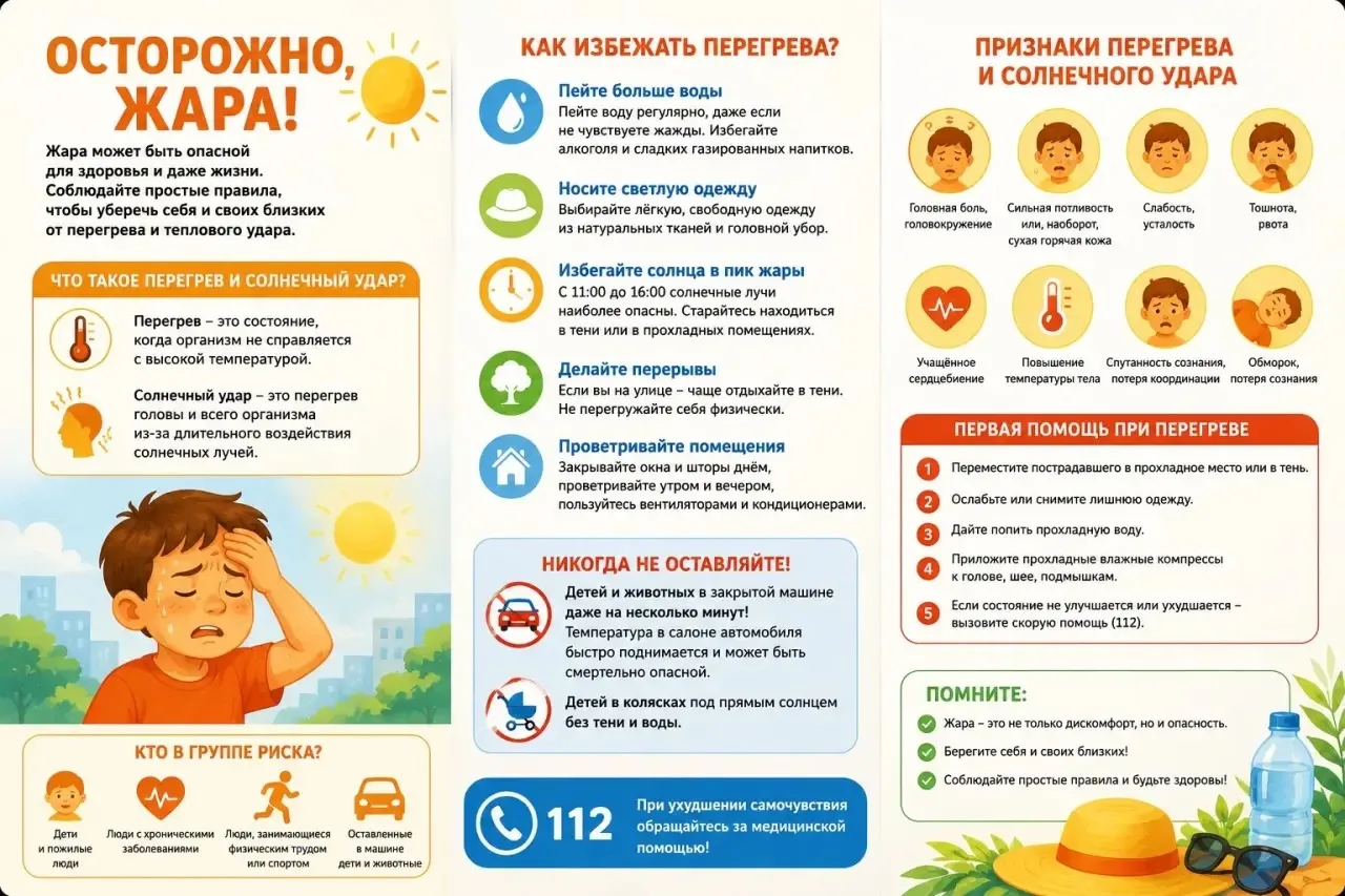 Чтобы безопасно пережить жаркие дни, пейте больше чистой воды, носите светлую свободную одежду и изб