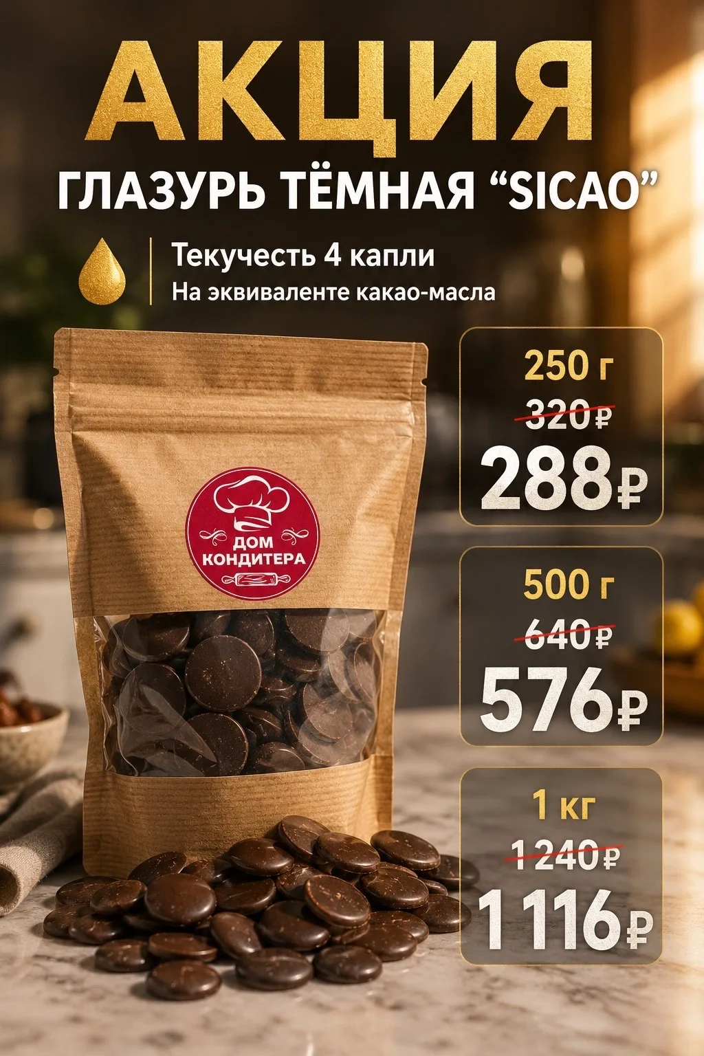 🍫 Сладкая акция на глазурь «Sicao»!

Темная глазурь на эквиваленте какао-масла — идеальная текучест