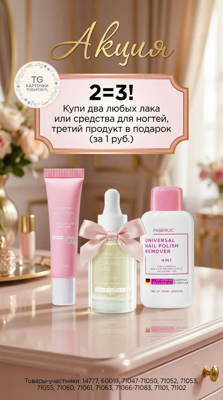 2=3! Купи два любых лака или средства для ногтей, третий продукт в подарок (за 1 руб.)