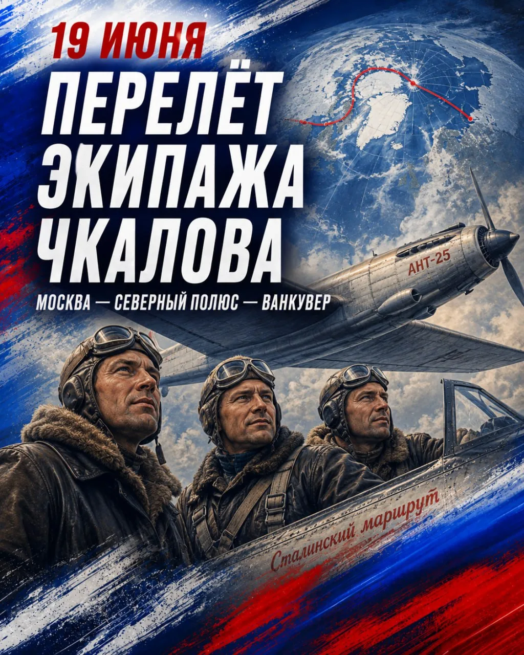 ✈️19 ИЮНЯ — ПАМЯТНЫЕ ДНИ ПЕРЕЛЁТА ЭКИПАЖА ВАЛЕРИЯ ЧКАЛОВА ПО МАРШРУТУ МОСКВА — СЕВЕРНЫЙ ПОЛЮС — ВАНК
