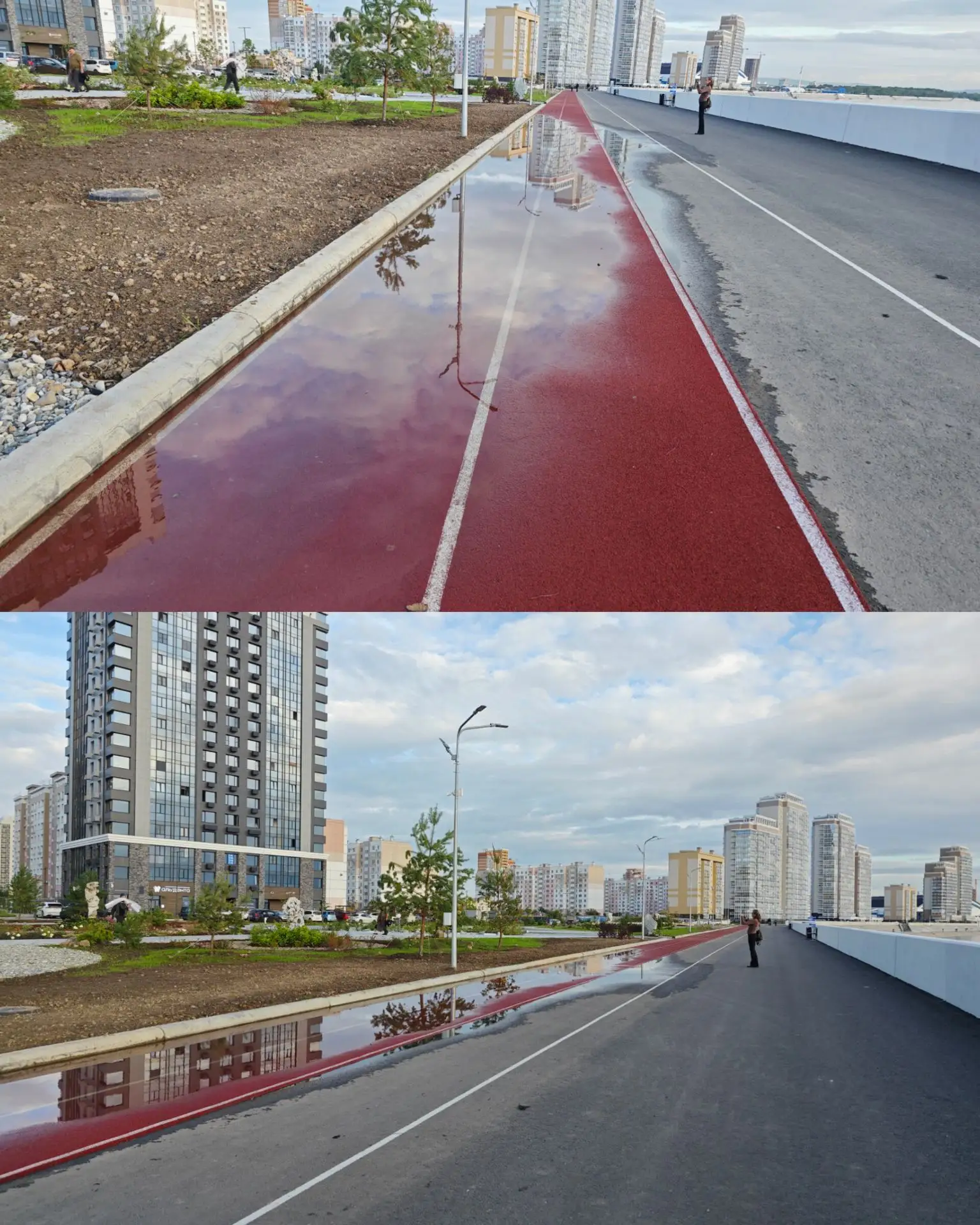 Лужи на обновленной дамбе. Воде некуда уходить.
