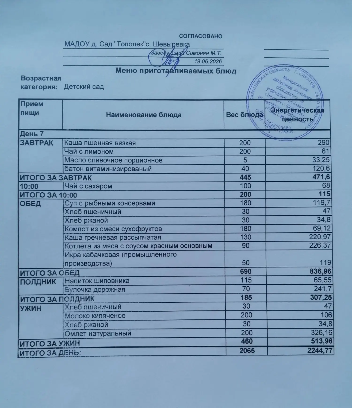 Меню на 19.06.2026.