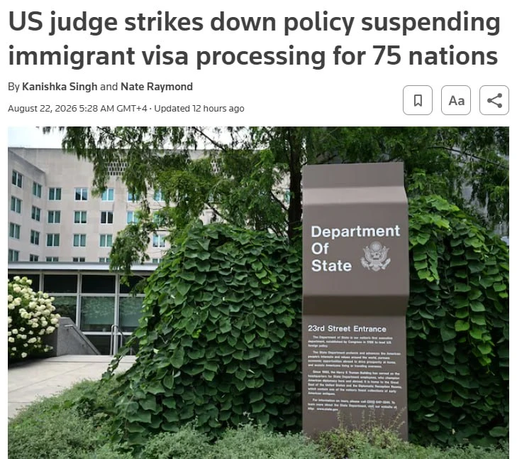 ⚡️ Суд США отменил решение администрации Трампа о приостановке выдачи иммиграционных ви...