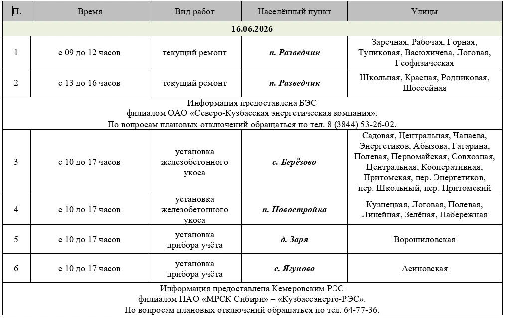 График отключений электроэнергии на 16 июня.