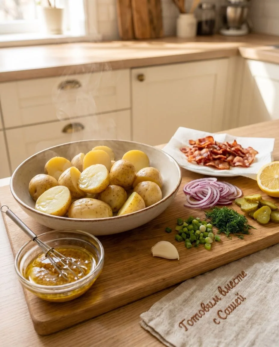 Тёплый картофельный салат 🥔✨

Если вы всё ещё думаете, что картофельный салат — это тяжёлый тазик с