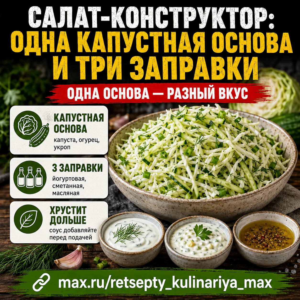 САЛАТ-КОНСТРУКТОР: ОДНА КАПУСТНАЯ ОСНОВА И ТРИ ЗАПРАВКИ