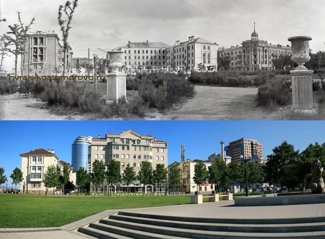 Новороссийск. Улица Новороссийской Республики у морвокзала. Вид в 1955 и 2020 гг.