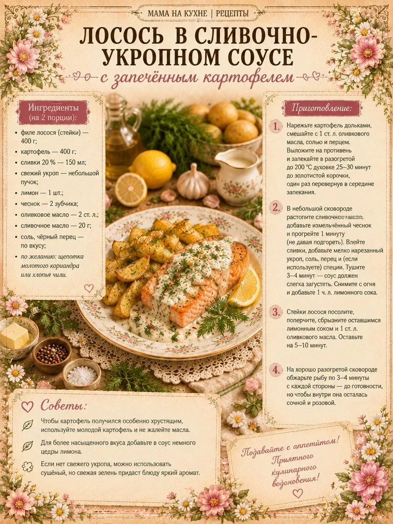 🌸 Лосось в сливочно-укропном соусе с запечённым картофелем 🌸