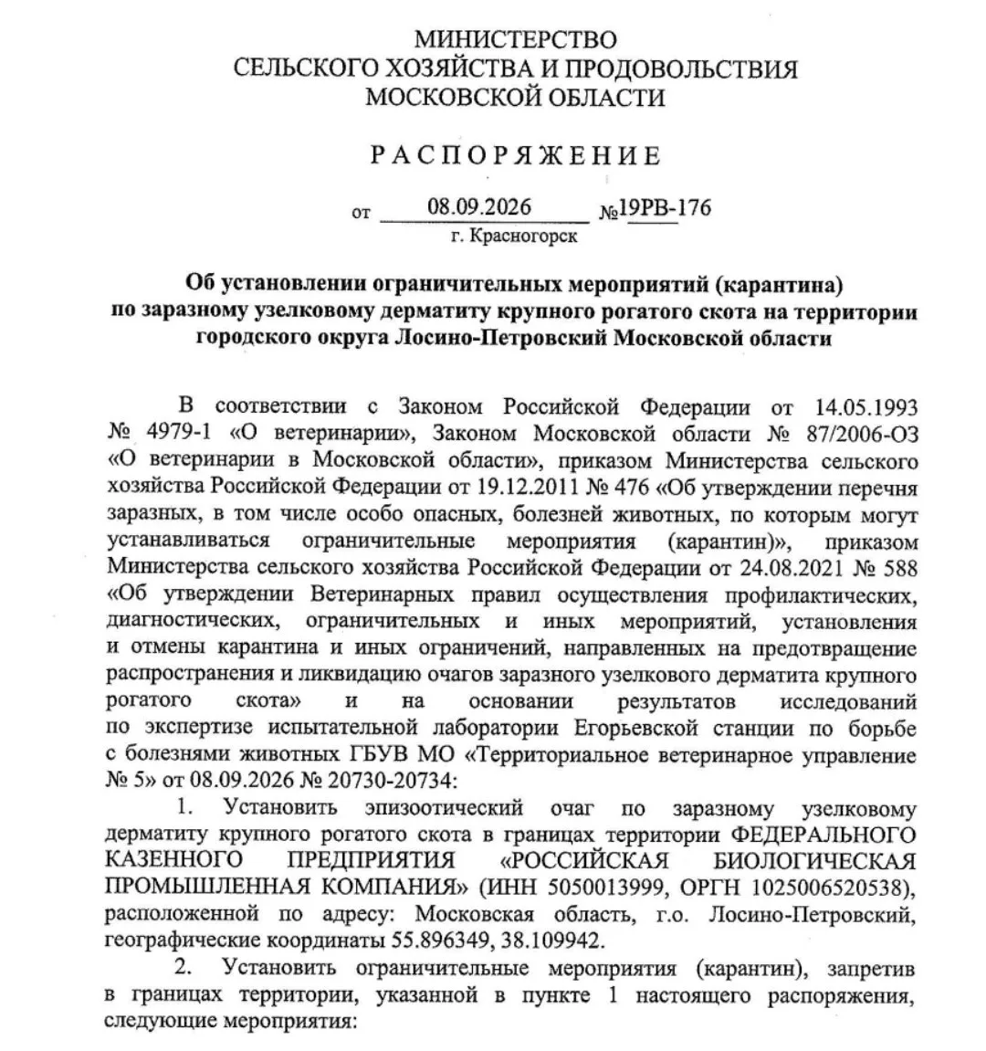 🐄 В Подмосковье объявили карантин из-за узелкового дерматита КРС.