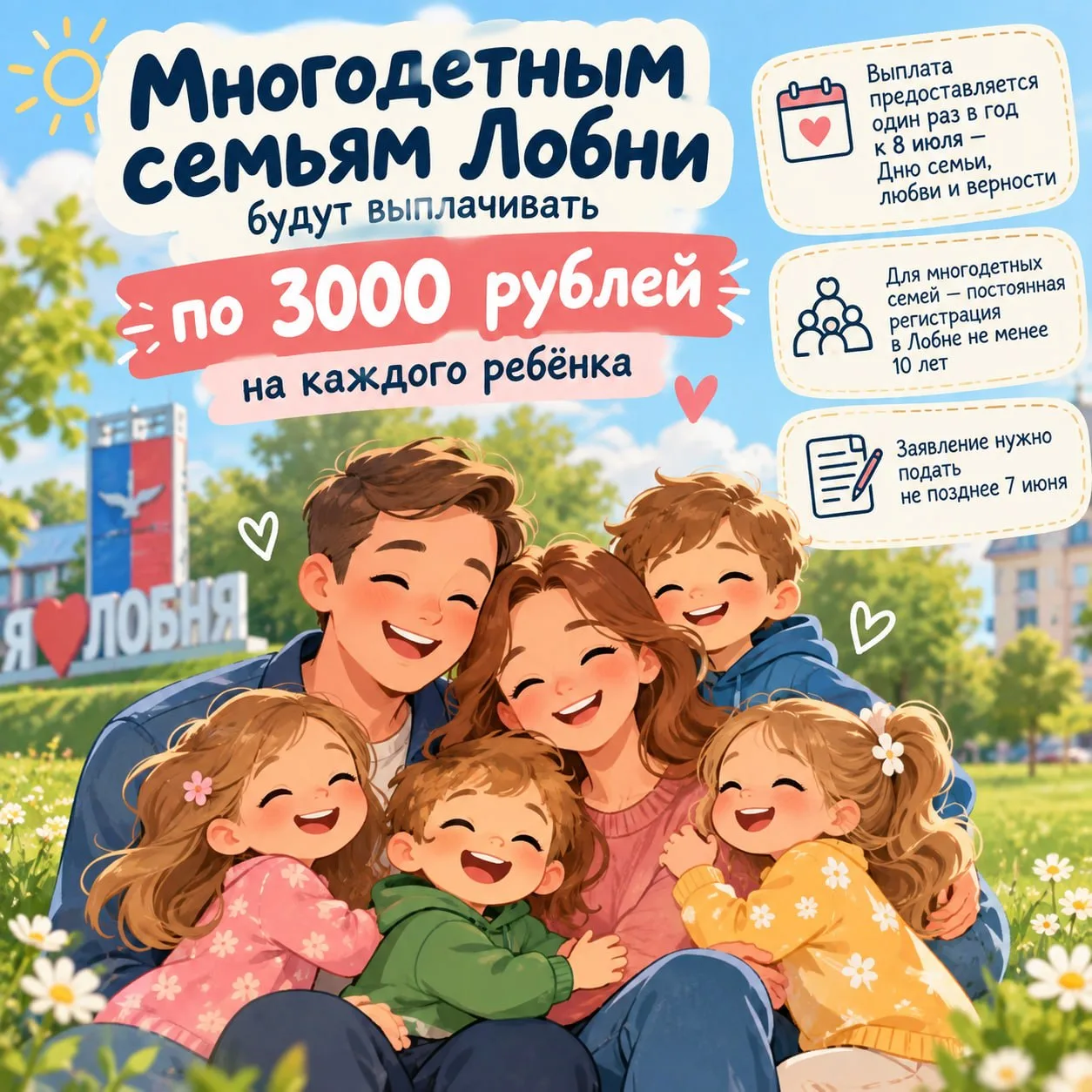 💰 Многодетным семьям Лобни — по 3000 рублей на ребёнка