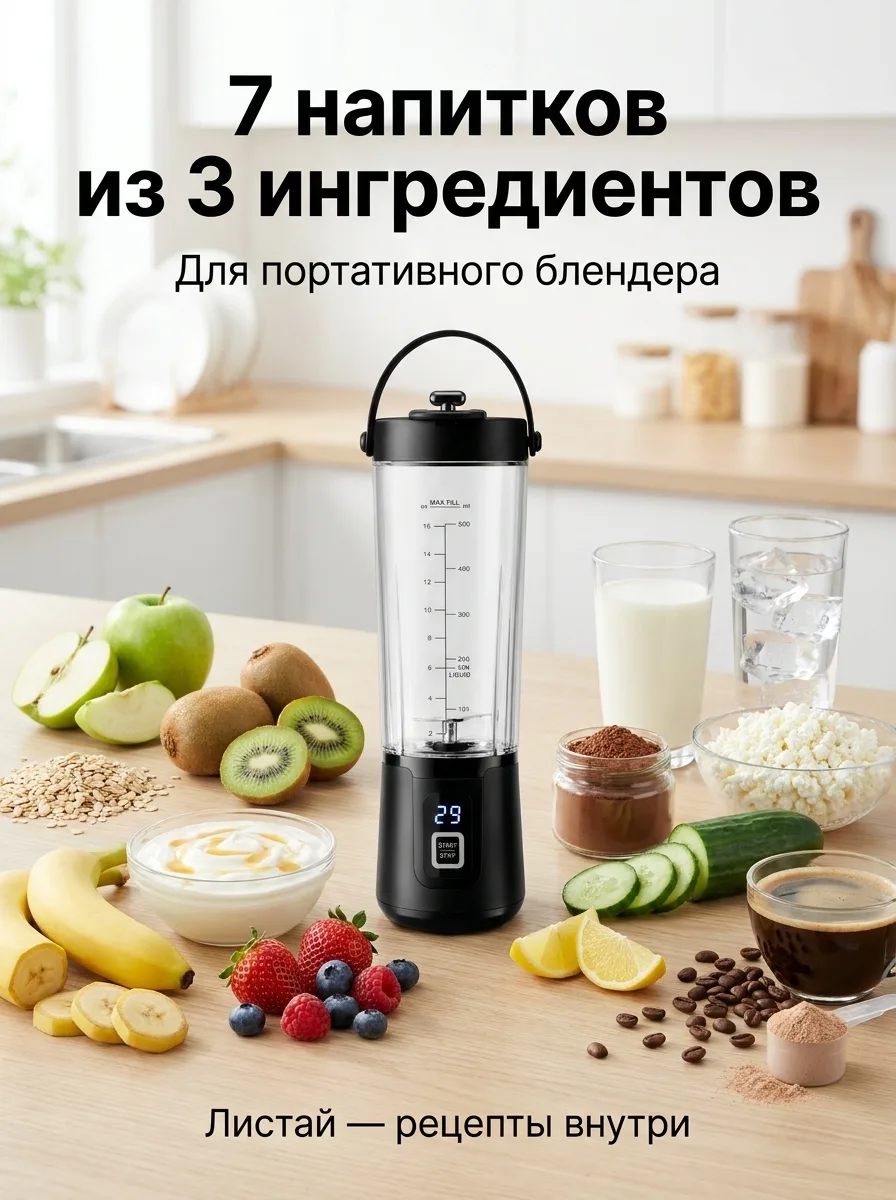 7 напитков из 3 ингредиентов — что попробуешь первым? 🥤

Портативный блендер - это штука из разряда