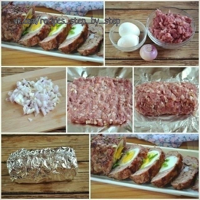 Мясной рулет с яйцом в духовке.
⠀
Ингредиенты:
-Фарш свиной : 350 Грамм,
-Яйцо куриное: 2 Штуки,
-Лу