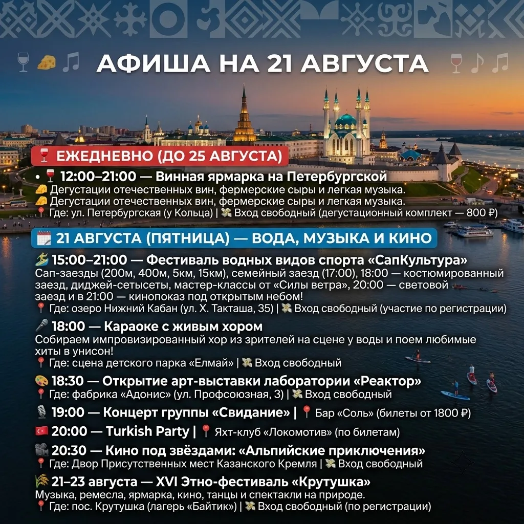 Куда пойти в Казани с 21 по 23 августа 🙂😊