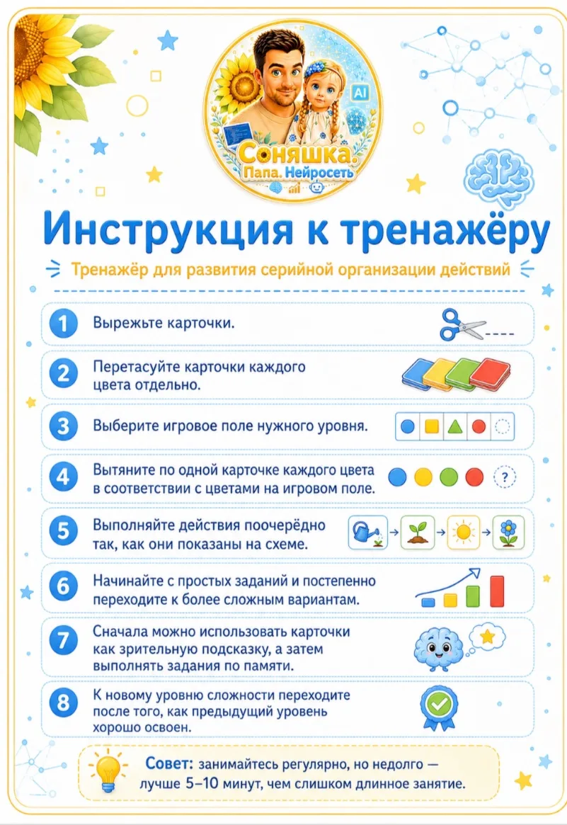 💪Новый нейротренажёр для развития серийной организации действий!

✅80 карточек поз
✅игровые поля 
✅