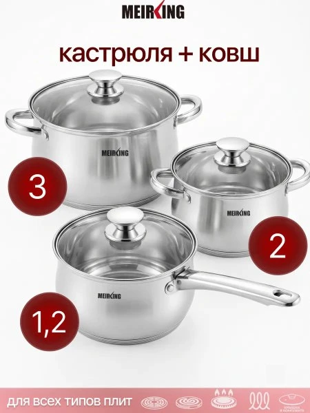 🛍 Набор кастрюль и ковш с крышкой из нержавеющей стали 6 предметов