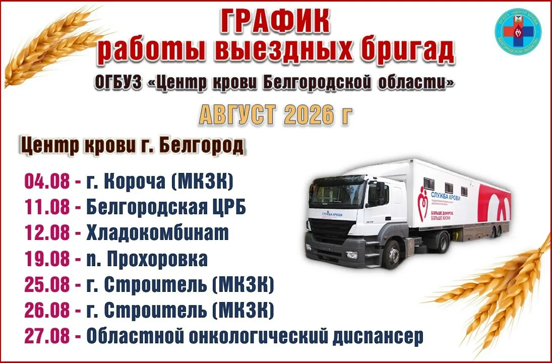График выездов бригад Центра крови на АВГУСТ 2026 года.